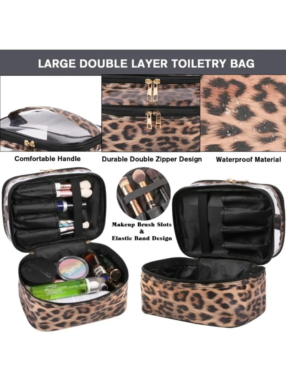 Leopard Print Double Layer Makeup Bag - Travel Cosmetic Organizer & Toiletry